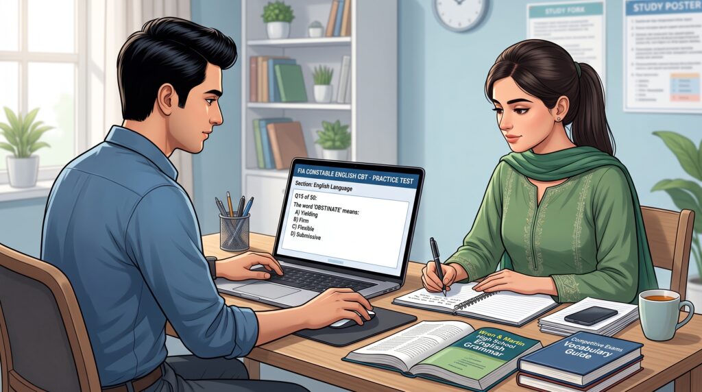 FIA Constable English MCQs 2026 test preparation on a computer