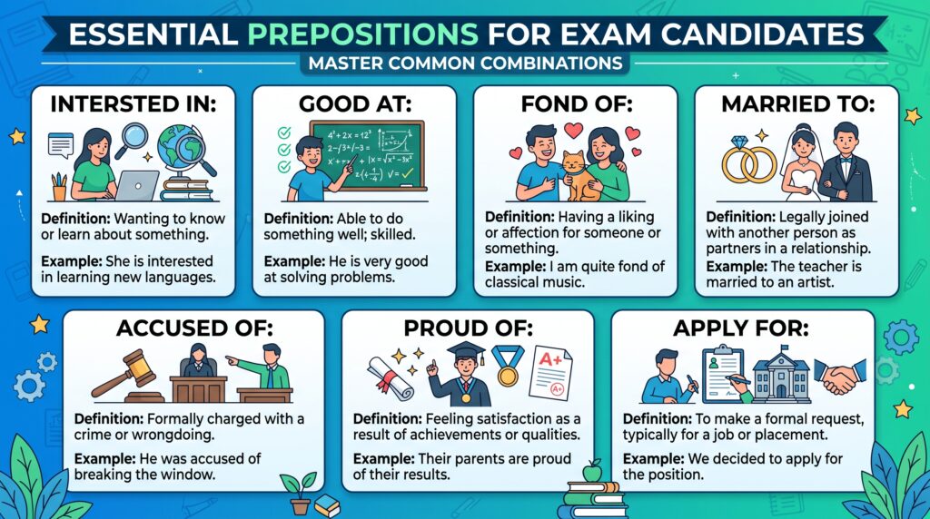 Common English preposition combinations for competitive exam MCQs