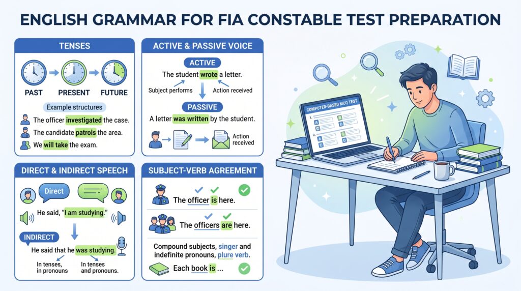 English grammar tenses voice and narration MCQs for FIA candidates