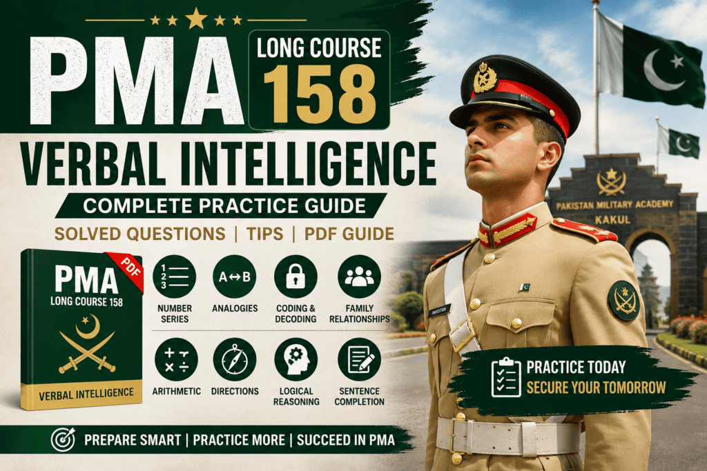 PMA Long Course 158 Verbal Intelligence featured image showing a Pakistan Military Academy cadet, PMA Kakul entrance, solved practice questions, PDF guide, number series, analogies, coding, logical reasoning, and exam preparation icons.