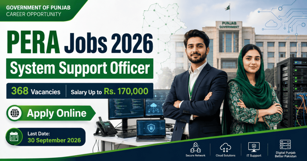 PERA Jobs 2026 featured image showing male and female IT professionals with computers, 368 System Support Officer vacancies, salary up to Rs. 170,000, and online application details.