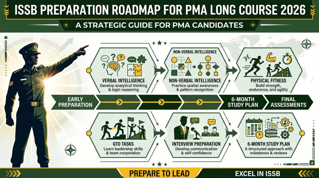 ISSB psychological test preparation infographic covering TAT, WAT, SRT, and self-description for PMA Long Course candidates.