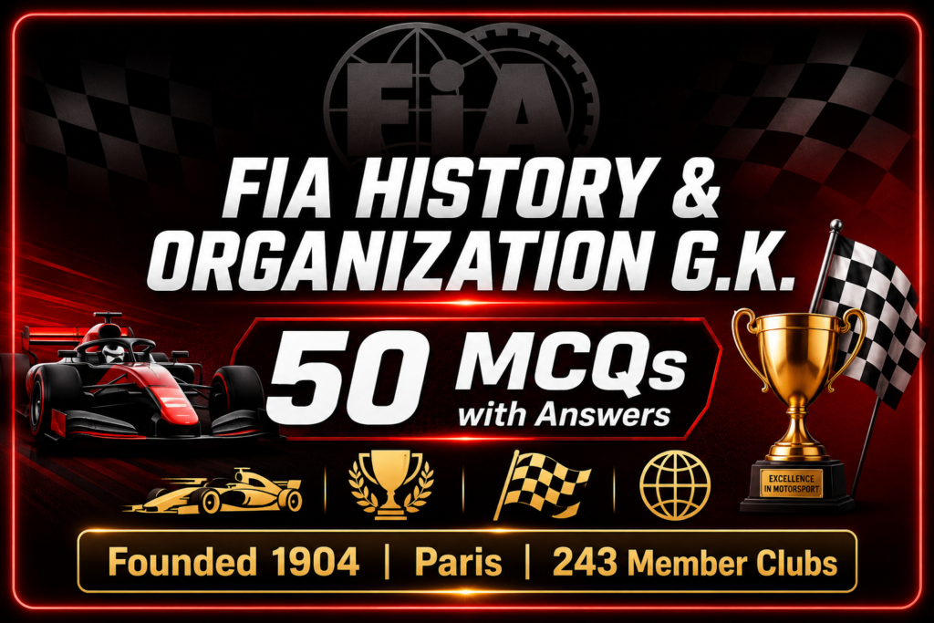 FIA History & Organization GK MCQs featuring 1904 founding, Paris headquarters, 243 member clubs, and current president Mohammed Ben Sulayem