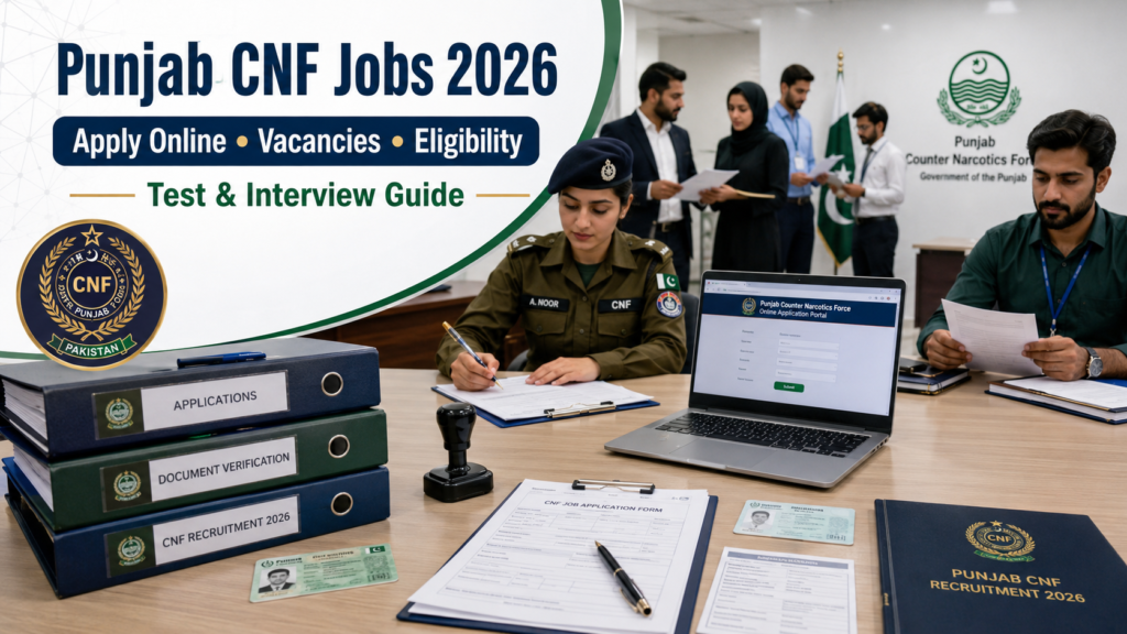 Punjab CNF Jobs 2026 recruitment image showing application forms, online apply portal, candidates, and government office documents for vacancies, eligibility, test and interview guide.