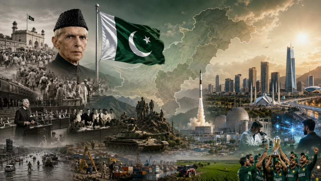 A realistic featured image showing Pakistan’s historical journey from independence in 1947 to modern Pakistan in 2026, with national symbols, historical events, development, and future progress.