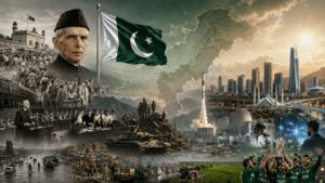 A realistic featured image showing Pakistan’s historical journey from independence in 1947 to modern Pakistan in 2026, with national symbols, historical events, development, and future progress.