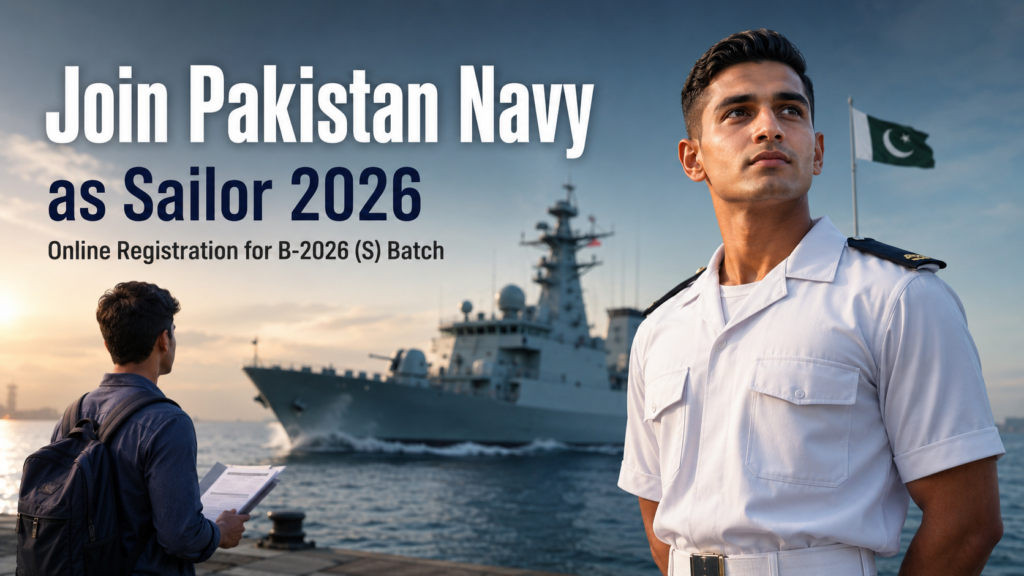 Young Pakistani Navy sailor standing confidently beside a naval warship, promoting online registration for Pakistan Navy Sailor Batch B-2026 (S).
