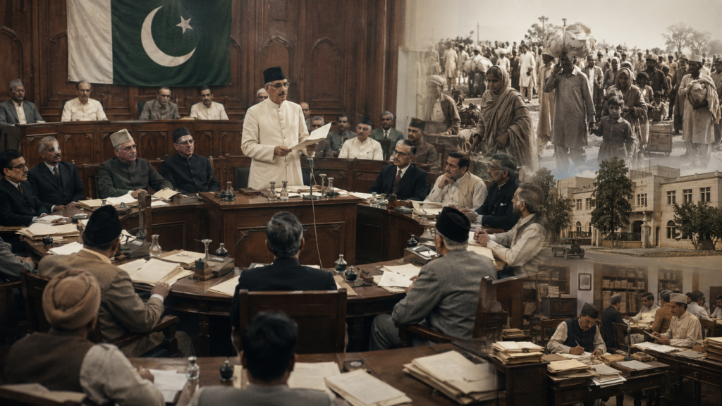 A realistic historical image showing Pakistan in 1949, highlighting the Objectives Resolution, early parliamentary leadership, national rebuilding, and the country’s constitutional direction.