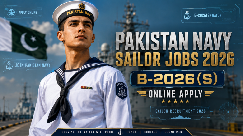 A cinematic recruitment poster showing a confident young Pakistani naval recruit in uniform standing in front of a blurred modern naval ship, with text overlays reading Pakistan Navy Sailor Jobs 2026 – B-2026(S) Online Apply, representing career opportunity, discipline, and national service.