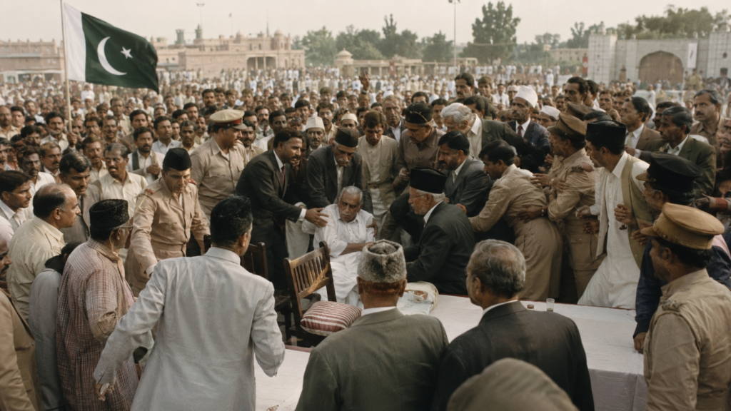 A realistic historical image showing Pakistan in 1951, highlighting the assassination of Liaquat Ali Khan, public grief, political tension, and a major turning point in the country’s early history.