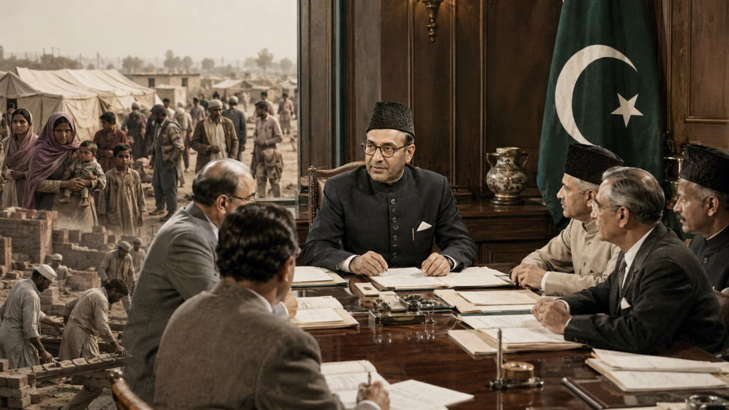 A realistic historical image showing Pakistan in 1950, highlighting the Liaquat-Nehru Pact, early diplomacy, refugee rehabilitation, and the country’s efforts to build stability after partition.