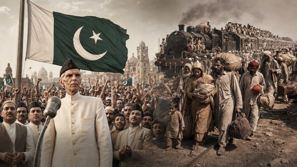 A realistic historical image showing Pakistan’s independence in 1947, with the Pakistan flag, Quaid-e-Azam, public celebrations, and migration scenes during partition.