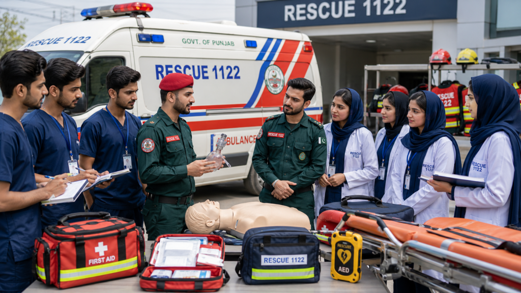 Rescue 1122 interns receiving emergency response training near an ambulance with medical equipment.
