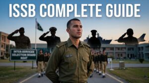 Confident young candidate standing in a military selection environment representing ISSB Pakistan Armed Forces selection process with Army, Navy, and Air Force background themes