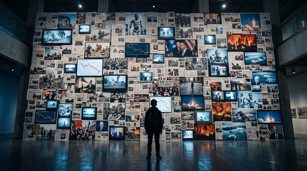 A young person stands before a dramatic wall of global news moments from 2002 to 2026, showing wars, protests, pandemics, climate disasters, AI technology, and major world affairs