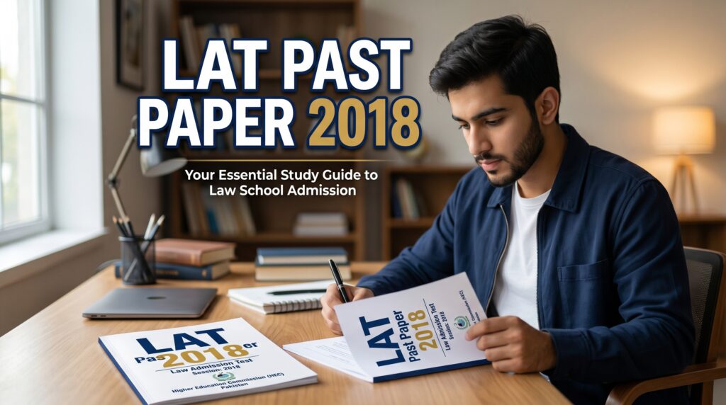 LAT Past Paper 2018 featured image showing a Pakistani student preparing for the Law Admission Test, reviewing exam papers and study notes at a desk with the title “LAT Past Paper 2018” prominently displayed in a professional educational design.