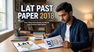 LAT Past Paper 2018 featured image showing a Pakistani student preparing for the Law Admission Test, reviewing exam papers and study notes at a desk with the title “LAT Past Paper 2018” prominently displayed in a professional educational design.