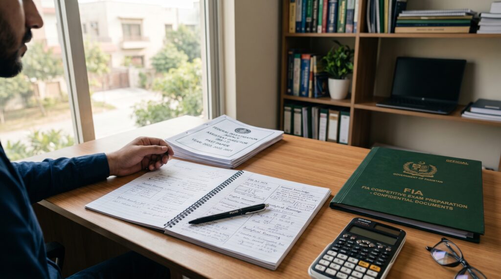 FIA past paper study desk with exam papers, pen, notebook, and calculator for competitive test preparation.