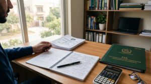 FIA past paper study desk with exam papers, pen, notebook, and calculator for competitive test preparation.