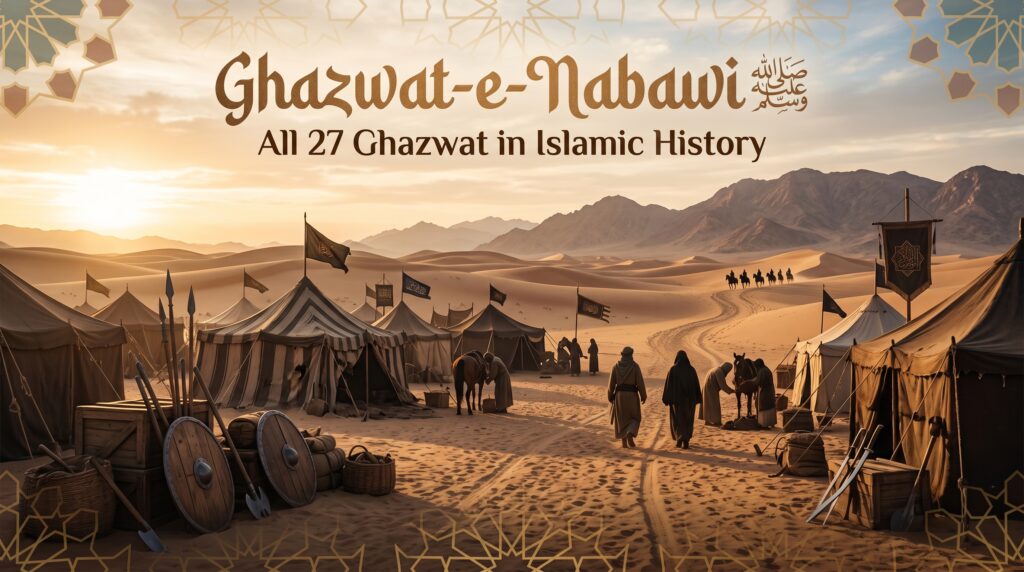 Respectful Islamic history featured image showing a peaceful early Islamic desert battlefield scene for Ghazwat-e-Nabawi ﷺ, with tents, flags, shields, swords, horse silhouettes, golden sunlight, dunes, mountains, and Arabic geometric patterns.