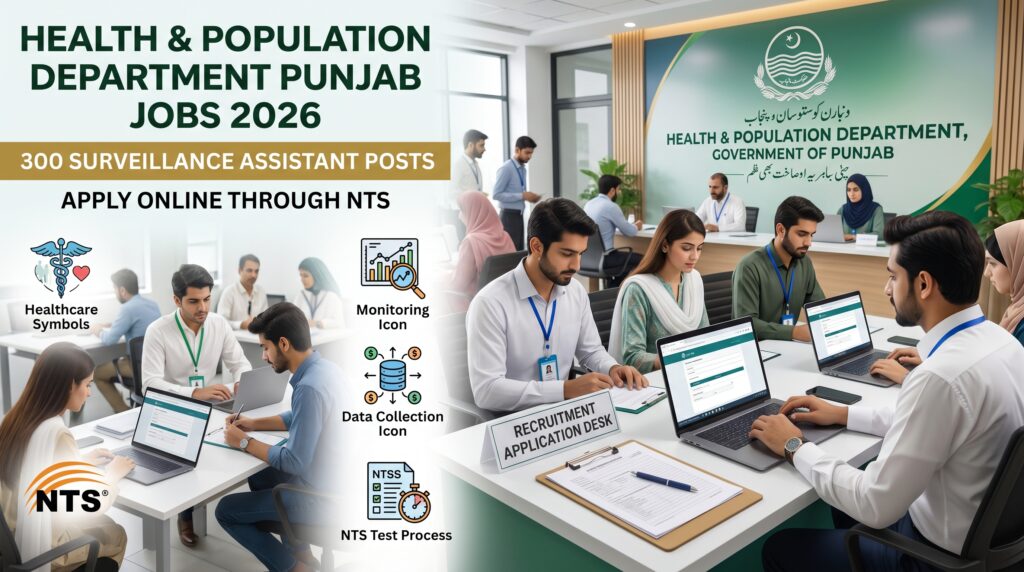 Health & Population Department Punjab Jobs 2026 featured image showing 300 Surveillance Assistant posts, online NTS application process, healthcare monitoring, and public sector recruitment in Punjab.