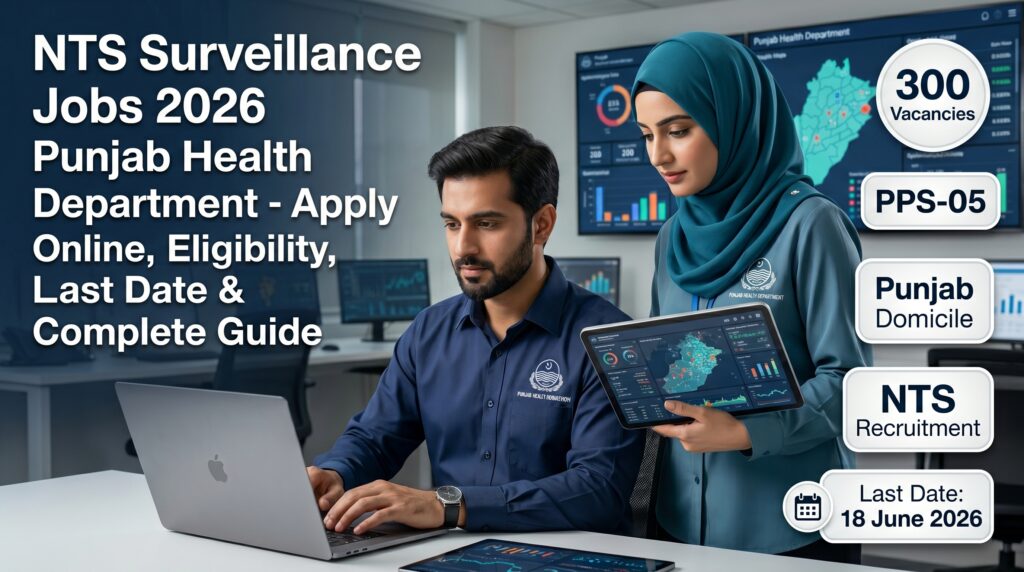Alt Text: Professional featured image for NTS Surveillance Jobs 2026 Punjab Health Department showing Pakistani Surveillance Assistants using tablets and laptops to collect and monitor healthcare data in a modern government health facility. The image includes digital monitoring dashboards, public health reporting visuals, and recruitment information highlighting 300 vacancies, PPS-05 positions, Punjab domicile eligibility, and the application deadline of 18 June 2026.