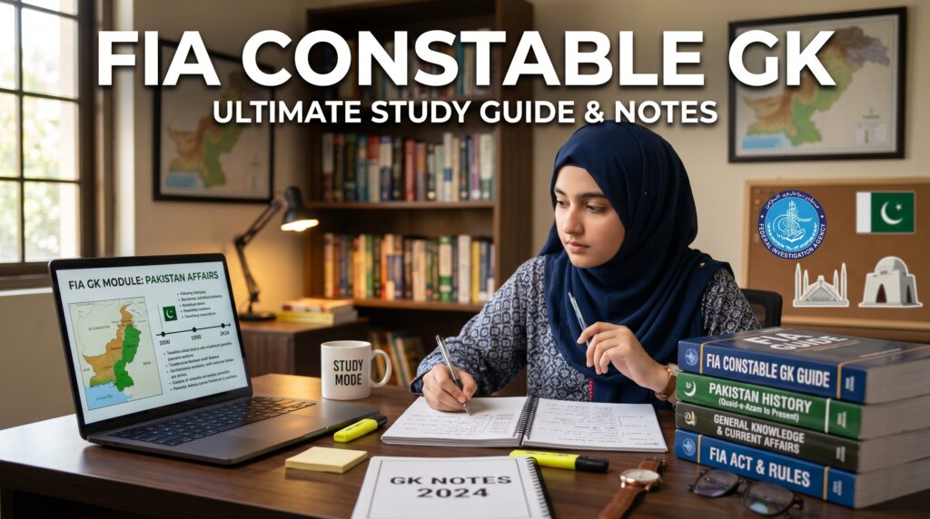 FIA Constable GK study material and exam preparation setup for General Knowledge and Current Affairs.