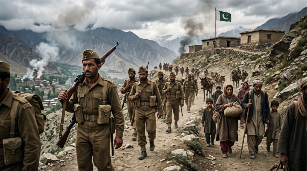 A realistic historical image showing Pakistan in 1948, highlighting the Kashmir war, Pakistani soldiers, national struggle, and the early challenges of a newly independent country.