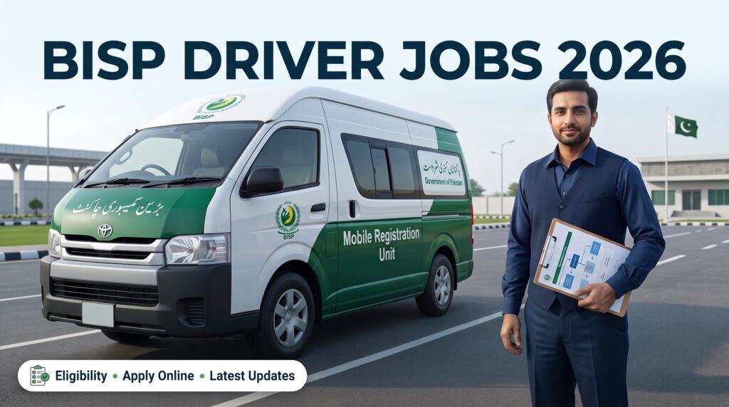 BISP Driver Jobs 2026 – Pakistani driver beside BISP Mobile Registration Van