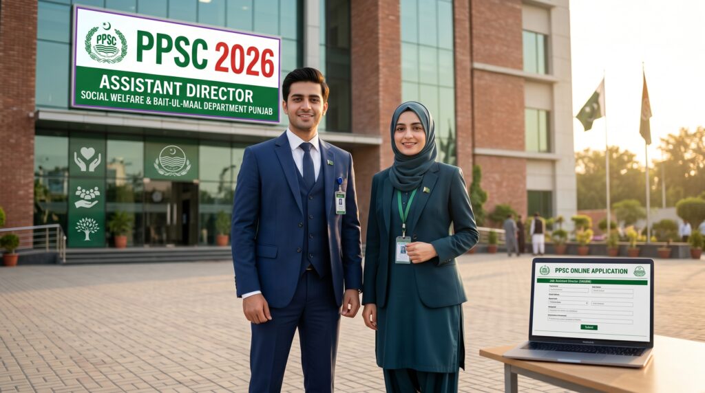 PPSC Jobs 2026 Assistant Director Social Welfare & Bait ul Maal Department Punjab featured image showing professional candidates applying online through a laptop with a Punjab government office building in the background.