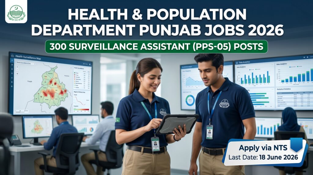 Health & Population Department Punjab Jobs 2026 featured image showing male and female Surveillance Assistants using digital tablets for health data collection, highlighting 300 PPS-05 vacancies through NTS with application deadline of 18 June 2026.