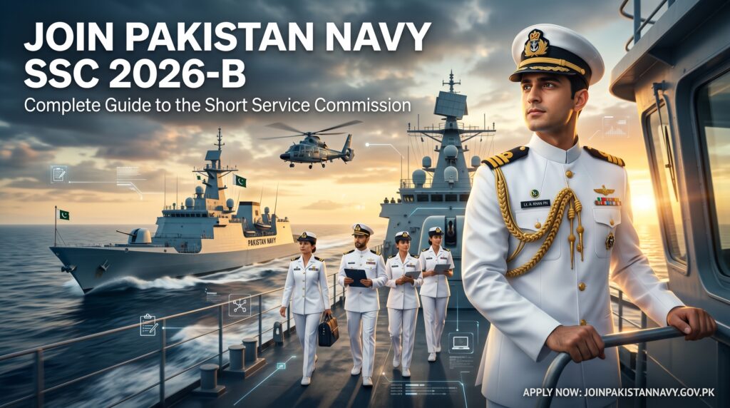 Join Pakistan Navy SSC 2026-B featured image showing a confident Pakistan Navy officer in white uniform standing before a modern naval warship at sea, with male and female professionals representing Medical, IT, Engineering, Education, and Law branches. The image includes maritime defense elements, helicopters, digital recruitment graphics, and the headline “Join Pakistan Navy SSC 2026-B: Complete Guide to the Short Service Commission,” symbolizing career opportunities and officer recruitment in the Pakistan Navy.