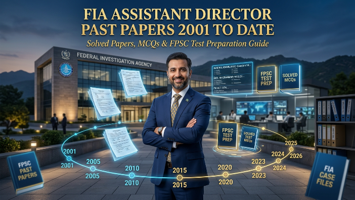 FIA Assistant Director standing in front of FIA headquarters with past papers, MCQs, exam documents, and a digital timeline from 2001 to 2026, representing FIA Assistant Director Past Papers 2001 to Date and FPSC test preparation.