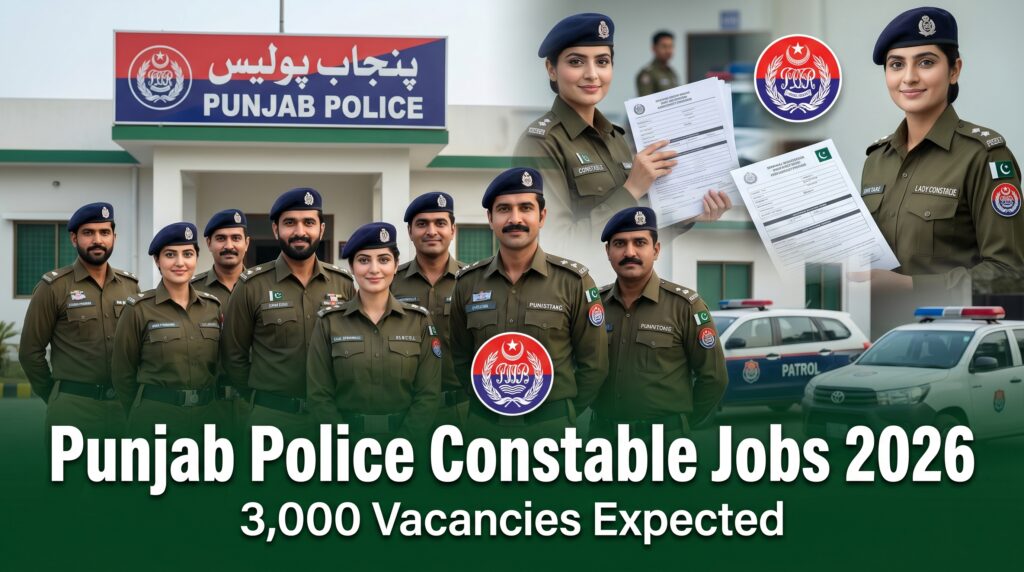 Featured image for Punjab Police Constable Jobs 2026 showing male and lady police constables with text highlighting 3,000 expected vacancies.
