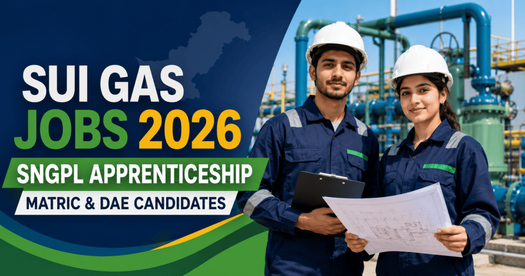 Sui Gas Jobs 2026 SNGPL apprenticeship featuring male and female technical trainees at a gas pipeline facility.