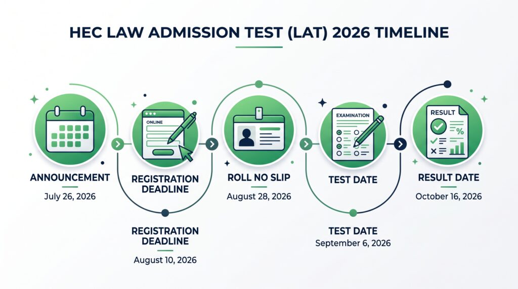 HEC LAT 2026 timeline showing the registration deadline, roll number slip date, test date, and scheduled result date.