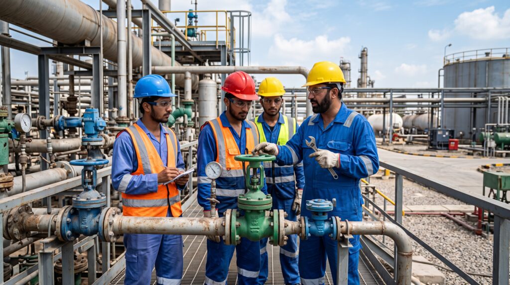 Pakistani trainees receiving supervised technical instruction during an SNGPL apprenticeship program