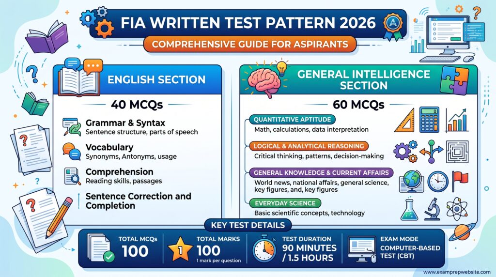 FIA Written Test Pattern 2026 showing MCQ format, marks distribution, exam sections, and preparation details.