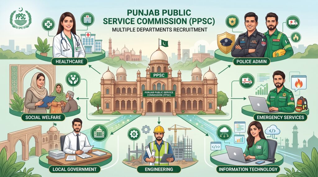 PPSC Jobs Advertisement 2026 showing vacancies across multiple Punjab Government departments