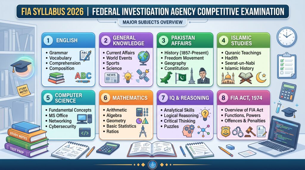 FIA Syllabus 2026 subject-wise guide covering English, General Knowledge, Pakistan Affairs, Computer Science, IQ, and FIA Act.