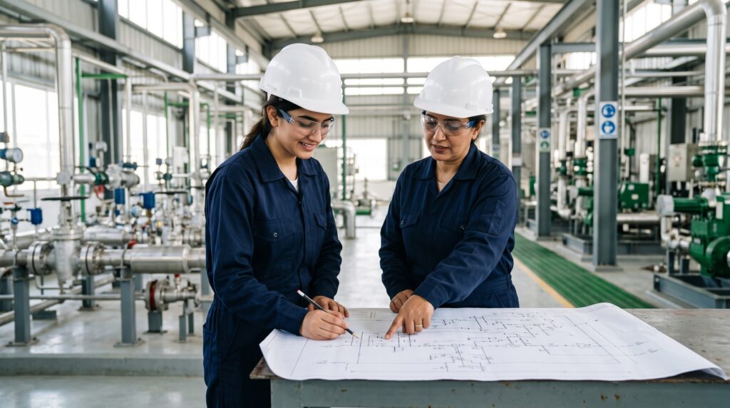 Pakistani female technical trainee reviewing a pipeline diagram during industrial apprenticeship training