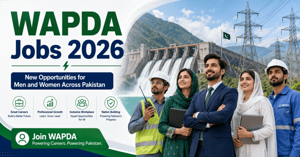 Alt text: WAPDA Jobs 2026 opportunities for men and women across Pakistan with engineers, professionals, a dam, and power transmission lines.