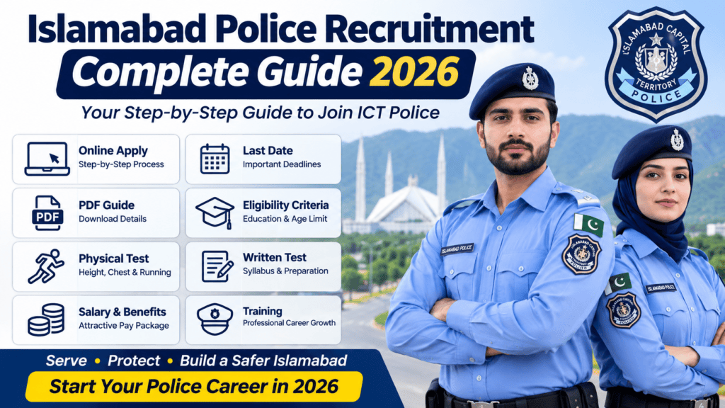 Islamabad Police Recruitment Complete Guide 2026 featuring male and female ICT Police officers, online apply, eligibility, physical test, written test, salary and training.