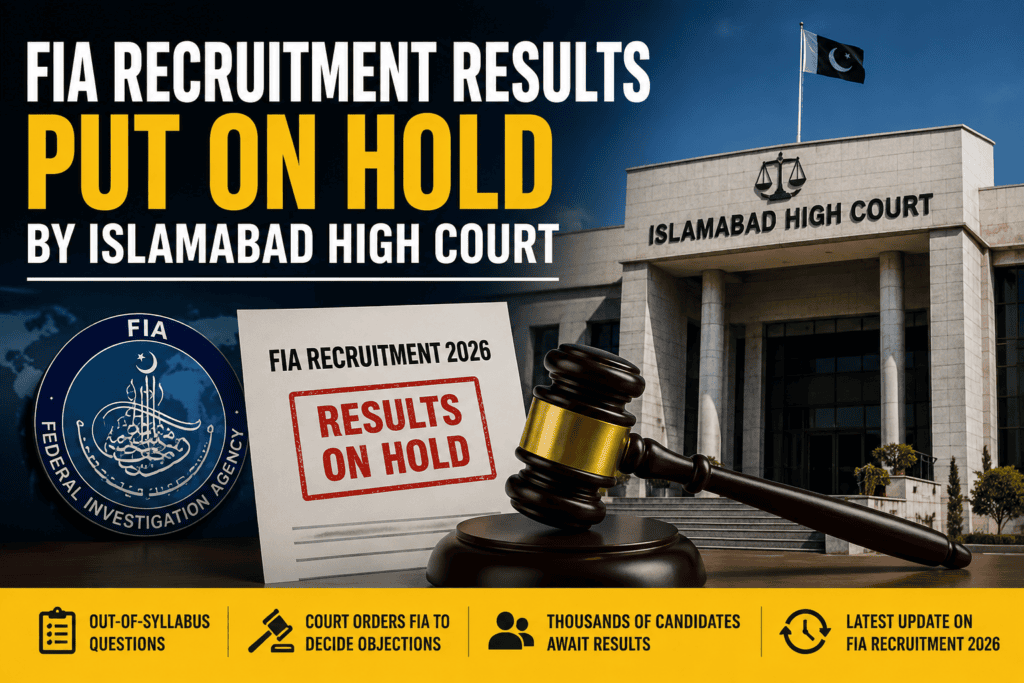 Featured image showing the Islamabad High Court building, an FIA recruitment document marked 'Results on Hold,' and a judge's gavel, illustrating the court's order delaying FIA Recruitment 2026 results