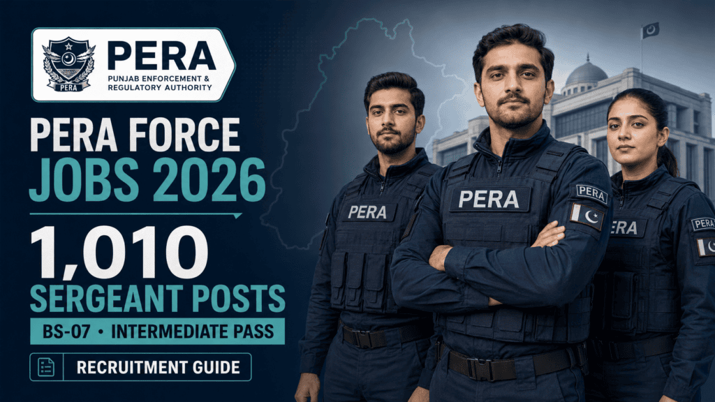 PERA Force Jobs 2026 graphic featuring three uniformed officers and 1,010 Sergeant BS-07 posts for Intermediate-pass candidates.