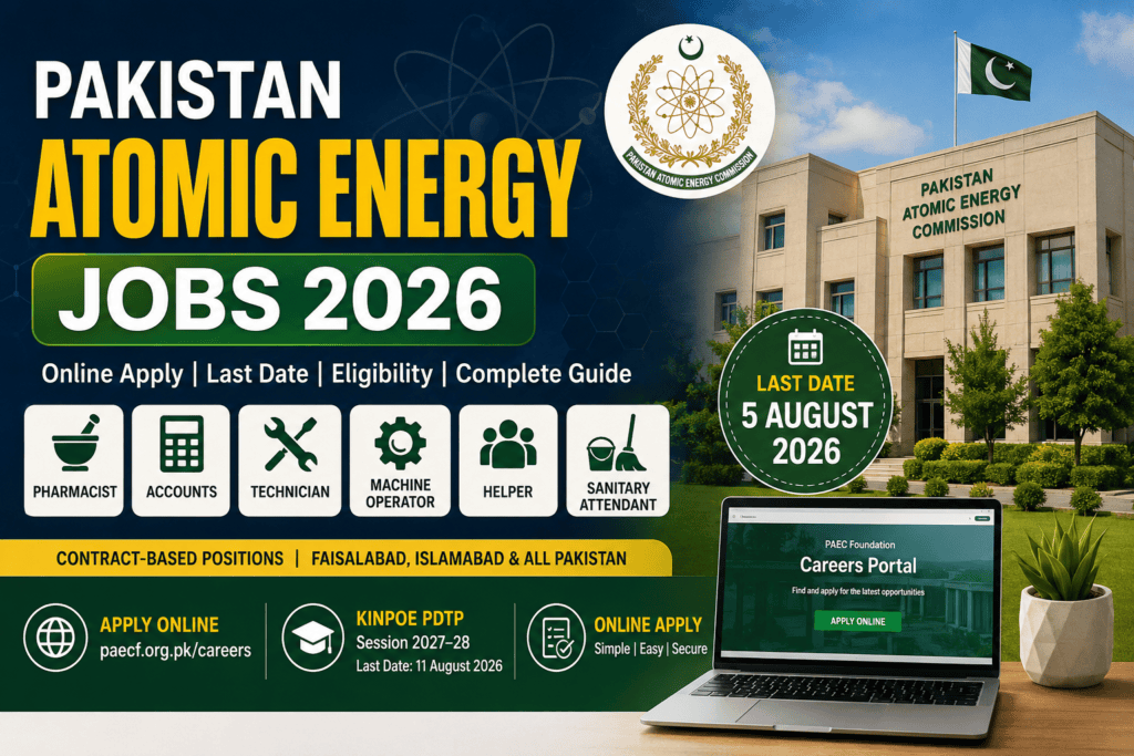 Pakistan Atomic Energy Jobs 2026 featured image showing the Pakistan Atomic Energy Commission building, PAEC logo, Pakistani flag, online application portal, latest vacancies for pharmacists, technicians, accounts staff, machine operators, helpers, sanitary attendants, and the application deadline of 5 August 2026.