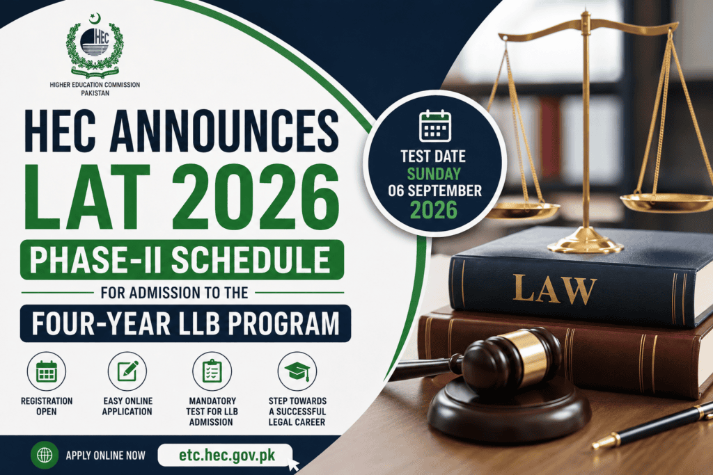 HEC Announces LAT 2026 Phase-II schedule for admission to the four-year LLB program, featuring the September 6, 2026 test date, online application details, law books, scales of justice, and a judge’s gavel.