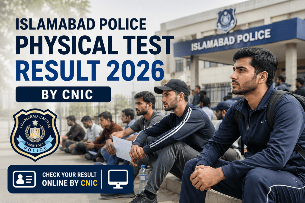 Islamabad Police Physical Test Result 2026 banner showing candidates waiting outside a police facility, with instructions to check results online by CNIC.