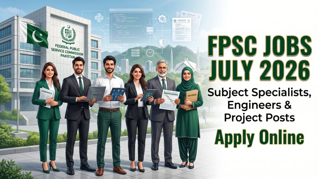 FPSC Jobs July 2026 featured image showing Pakistani male and female subject specialists, engineers, IT professionals, and project staff applying online.