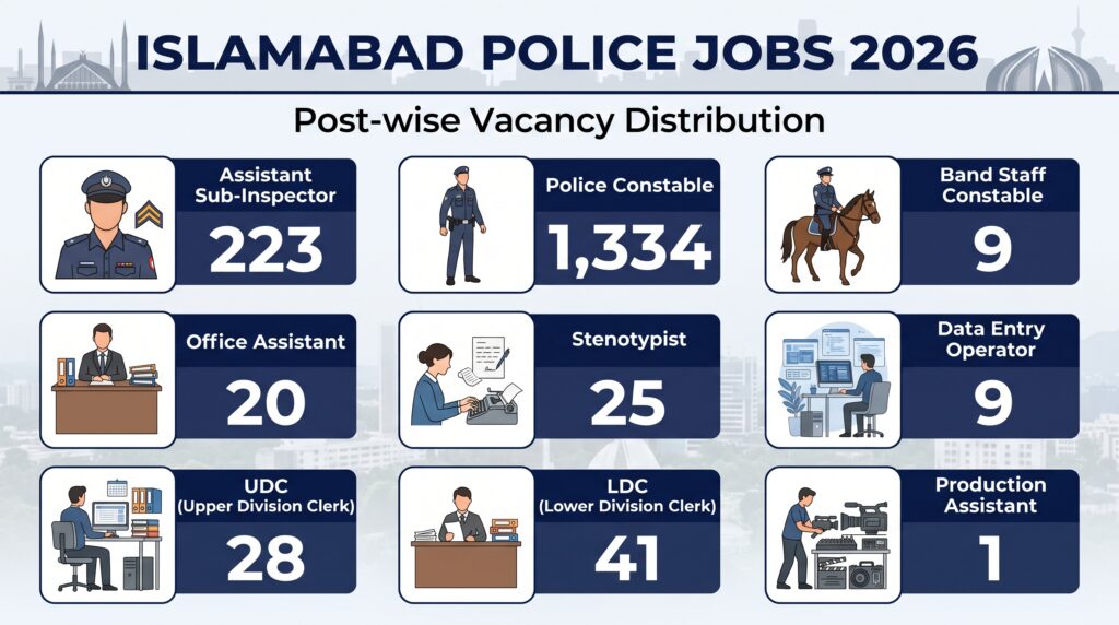 Post-wise breakdown of Islamabad Police vacancies for Constable, ASI, LDC, UDC and other positions.
